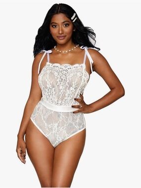 NIP Dreamgirl Eyelash & Stretch Teddy w/ Ribbon Shoulder Ties Bridal Lingerie